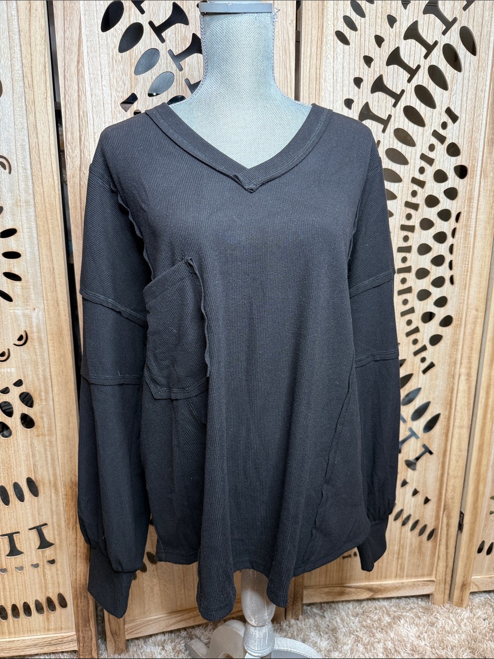 Black V-Neck Textured Waffle Knit Top with Patch Pocket
